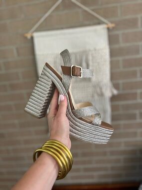 Jessica Simpson Silver Woven Platform Block Heel Sandal